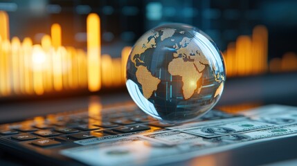 Leinwandbilder - A glass globe sits on a laptop with money on it