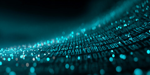 Fototapete - Abstract teal digital data stream, flowing wave of binary code, glowing particles, dark background, technology concept, futuristic design, suitable for website banner