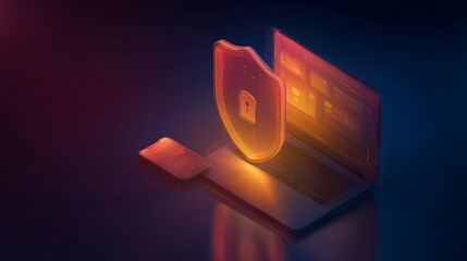 Poster - laptop, phone, and glowing shield showcase online security, symbolizing digital protection and data 