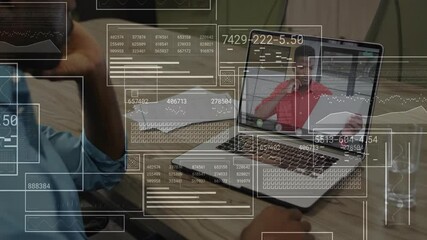 Poster - Business team collaborating at conference table, showing laptop call with code graphics and files