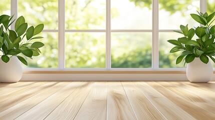 Aufkleber - Bright interior with plants by a large window and wooden floor