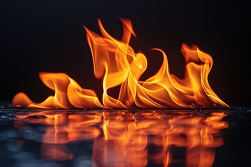 Poster - Beautiful orange flames are reflected on a dark reflective surface