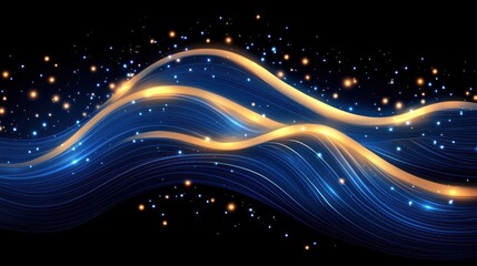 Fototapete - Abstract golden and blue flowing lines with sparkling dots