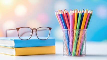 Aufkleber - Stack of books with glasses and a colorful pencil holder