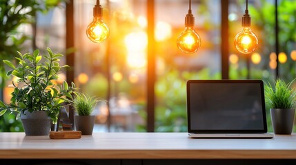 Poster - Laptop and plants adorn a modern table setting indoors