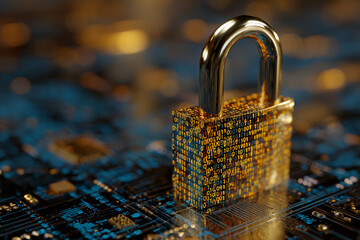 Poster - golden padlock on circuit board, binary code etched on its surface, symbolizing digital security and