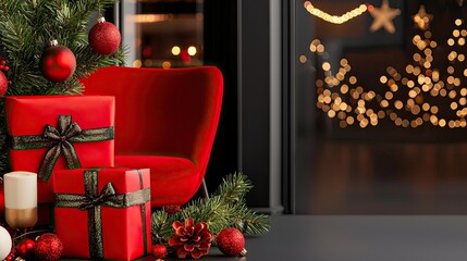 Poster - Festive christmas scene with red chair presents and tree