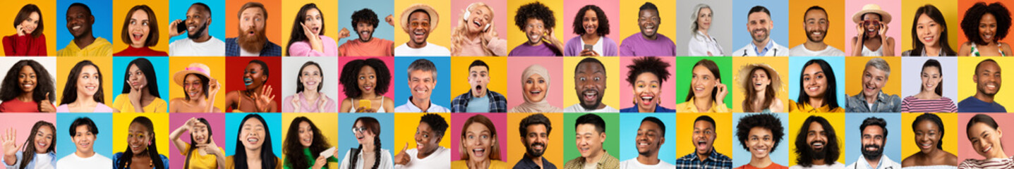 Poster - A vibrant collection of diverse individuals showcases a variety of expressions against colorful backgrounds. Each portrait reflects joy and the beauty of diversity in everyday life.