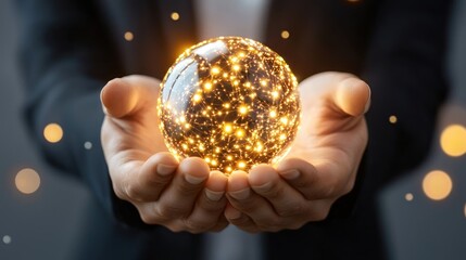 Poster - A person is holding a glowing digital sphere in hands