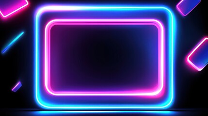 Fototapete - Neon rectangle frame with abstract glowing shapes on dark background