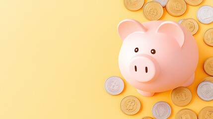 Aufkleber - Pink piggy bank surrounded by various coins on a yellow background