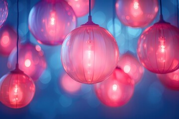 Poster - Glowing spherical lights hang from the ceiling within a vibrant blue background
