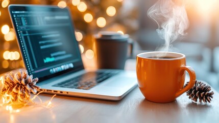 Aufkleber - A cozy workspace with laptop coffee and festive decorations