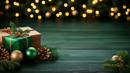 Poster - Christmas presents and ornaments are displayed on green wooden surface