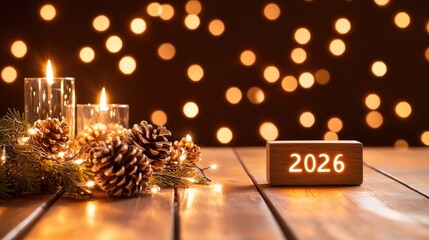 Poster - Candles pine cones fairy lights and the year 2026