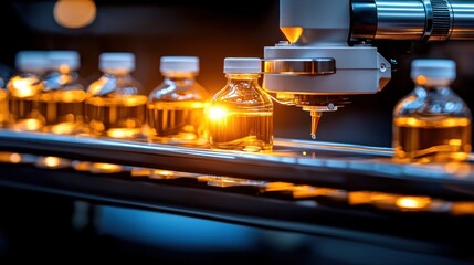Aufkleber - Automated pharmaceutical manufacturing process with vials on a conveyor belt