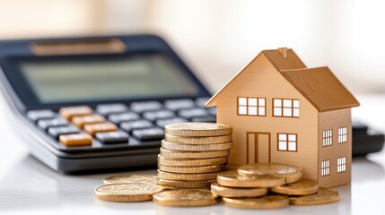 Poster - Calculator coins and a miniature house suggest financial planning