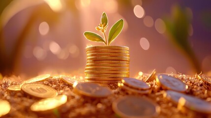 Aufkleber - Money growth concept depicting plant growing from a stack of coins