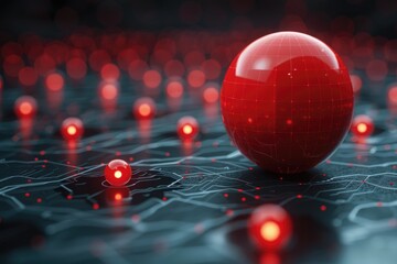 Fototapete - Red spheres and connected lights are presented on a circuit board