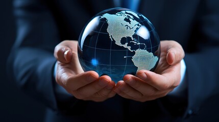 Poster - Man in suit holding a transparent globe in his hands