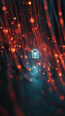 Poster - abstract image with glowing red and teal lines, bokeh effect, and a central padlock icon symbolizing