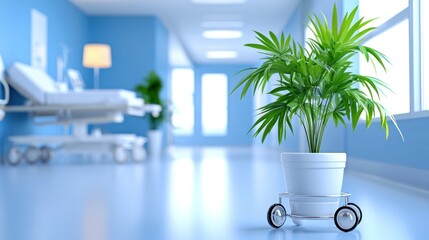 Fototapete - Potted plant sits in a hospital hallway for decoration