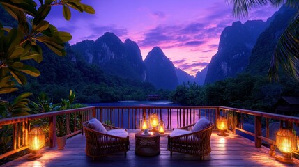 Aufkleber - Beautiful mountain view from a lit balcony at dusk