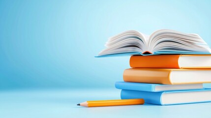 Aufkleber - Stack of books with a pencil on light blue background