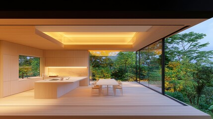 Poster - Bright contemporary kitchen and dining room overlooking lush greenery
