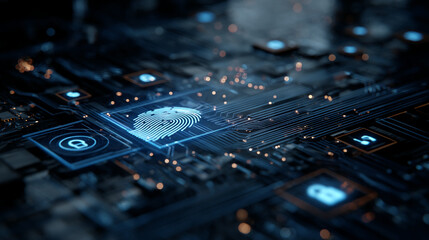 Poster - glowing blue fingerprint on dark circuit board, digital security concept, technology, futuristic, ab