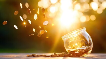 Aufkleber - Golden coins falling near a jar in bright sunlight