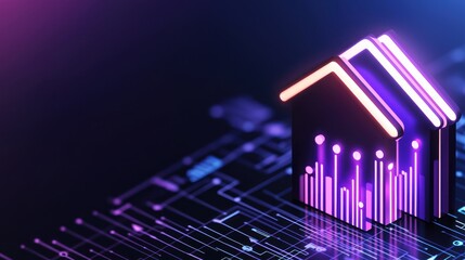 Poster - Futuristic house icon depicted with glowing lines and circuitboard