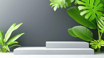 Fototapete - Two tiered white platform surrounded by lush green plants