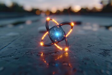 Poster - Abstract representation of an atom, glowing in a reflective environment.