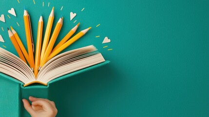 Aufkleber - Open book with yellow pencils coming out of it on teal