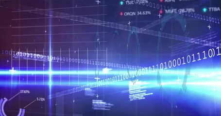 Poster - Futuristic data visualization featuring neon blue beam streaming binary code, rotating charts