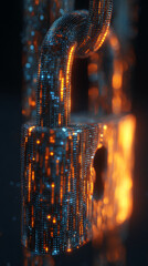 Poster - close-up of glowing, textured padlock, with orange and blue light accents, symbolizing digital secur