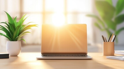 Aufkleber - Laptop illuminates workspace with natural light and greenery accents
