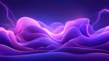 Fototapete - Lightning strikes above abstract glowing purple undulating landscape