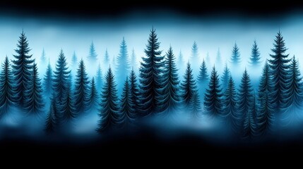 Poster - A dark blue foggy forest of coniferous trees stands tall