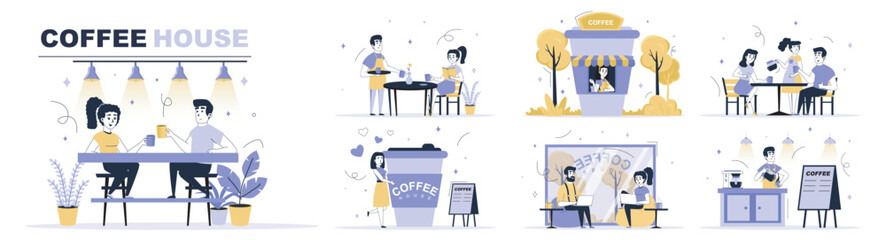 Aufkleber - Coffee house concept set in flat web design. Collection with people drinking hot morning beverage at cafe or bistro, barista making espresso. Flat vector illustration isolated on white background.