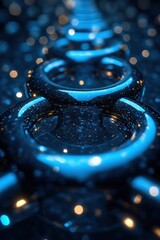 Poster - Abstract rings in a row, glowing blue