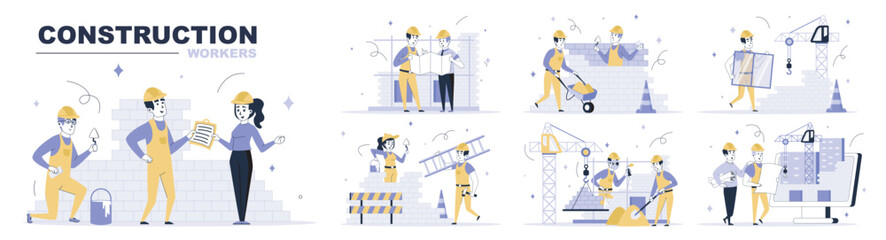 Leinwandbilder - Construction workers concept set in flat web design. Collection with people in helmets and uniforms building, architect make project blueprint. Flat vector illustration isolated on white background.