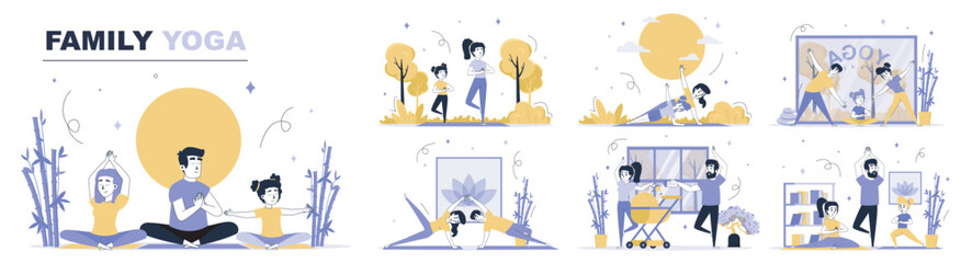Aufkleber - Family yoga concept set in flat web design. Collection with people practicing asanas with children, training near infant baby, make meditation. Flat vector illustration isolated on white background.