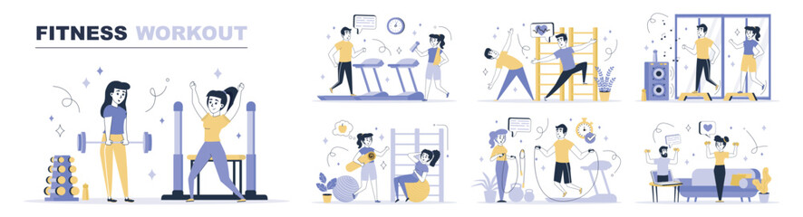Aufkleber - Fitness workout concept set in flat web design. Collection with people bodybuilding, running at treadmill, make pilates training, jumping rope. Flat vector illustration isolated on white background.