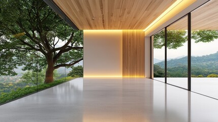 Poster - Bright contemporary room overlooking lush outdoor landscape through glass walls