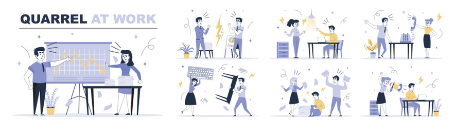 Poster - Quarrel at work concept set in flat web design. Collection with people shouting, colleagues in conflict, negative and problem communication. Flat vector illustration isolated on white background.