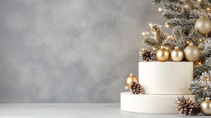 Poster - Christmas ornaments and pine cones decorate a white surface