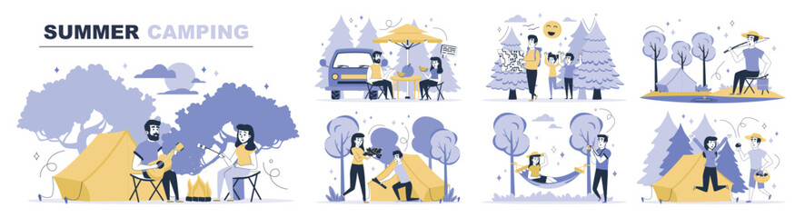 Poster - Summer camping concept set in flat web design. Collection with people resting at campground with tents, relax at picnic with children in forest. Flat vector illustration isolated on white background.