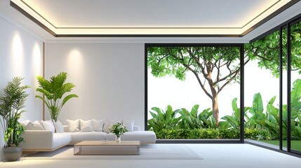Poster - Minimalist living room with plants and a garden view